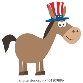 Democrat Donkey Cartoon Character With Uncle Sam Hat. Vector Illustration Flat Design Style Isolated On White