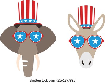 Democrat Donkey and Republican Elephant flat vector illustration