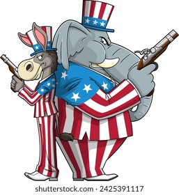 Democrat Donkey vs Republican Elephant Cartoon Characters Hold Pistols In A Duel. Vector Hand Drawn Illustration Isolated On Transparent Background