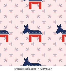Democrat donkeys seamless pattern on national stars background. USA presidential elections patriotic wallpaper with democrat donkeys. Ornament pattern vector illustration.