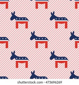 Democrat donkeys seamless pattern on red stripes background. USA presidential elections patriotic wallpaper with democrat donkeys. Repeated pattern vector illustration.