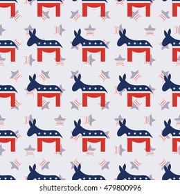 Democrat donkeys seamless pattern on american stars background. USA presidential elections patriotic wallpaper with democrat donkeys. Continuos pattern vector illustration.