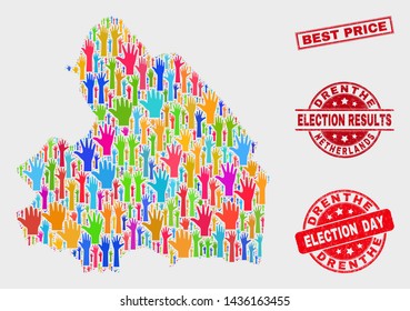 Democrat Drenthe Province map and seal stamps. Red rectangle Best Price distress seal. Colorful Drenthe Province map mosaic of upwards raising arms. Vector composition for election day,