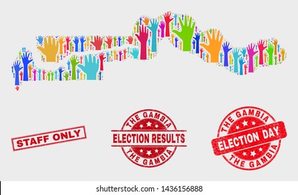Democrat the Gambia map and stamps. Red rectangular Staff Only grunge stamp. Colored the Gambia map mosaic of raised referendum hands. Vector collage for election day, and referendum results.