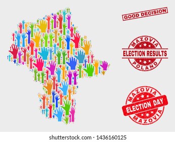 Democrat Masovian Voivodeship map and seal stamps. Red rectangular Good Decision distress seal. Colored Masovian Voivodeship map mosaic of upwards election arms. Vector composition for election day,