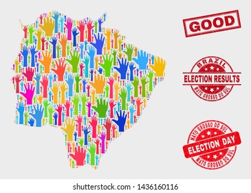 Democrat Mato Grosso do Sul State map and seal stamps. Red rectangle Good textured seal. Colored Mato Grosso do Sul State map mosaic of upwards solution hands. Vector composition for election day,