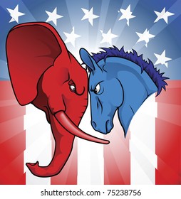 The democrat and republican symbols of a donkey and elephant facing off.