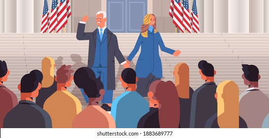 Democrat Winner Of United States Presidential Election Man President Standing With First Lady USA Inauguration Day Concept Horizontal Full Length Vector Illustration