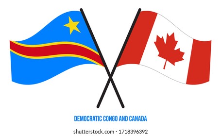 Banderas del Congo Democrático y Canadá cruzadas y ondeando estilo plano. Proporción oficial. Colores correctos.