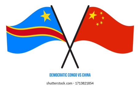 Banderas del Congo Democrático y China Cruzadas y ondeando estilo plano. Proporción oficial. Colores correctos.