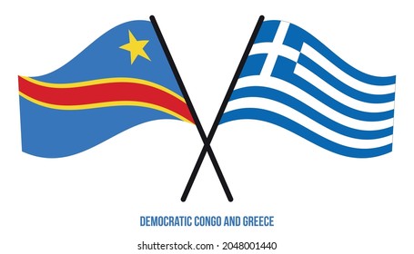 Democratic Congo and Greece Flags Crossed  Waving Flat Style. Official Proportion. Correct Colors.