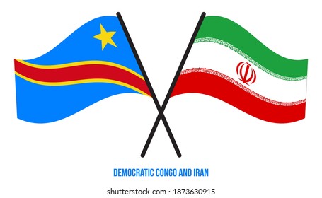 Democratic Congo and Iran Flags Crossed Waving Flat Style. Official Proportion. Correct Colors.