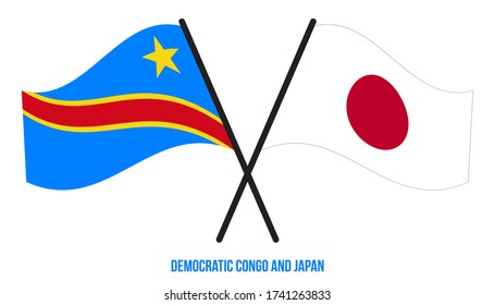 Democratic Congo and Japan Flags Crossed & Waving Flat Style. Official Proportion. Correct Colors.