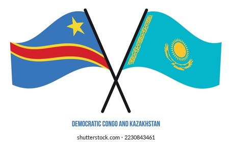 Democratic Congo and Kazakhstan Flags Crossed  Waving Flat Style. Official Proportion. Correct Colors.