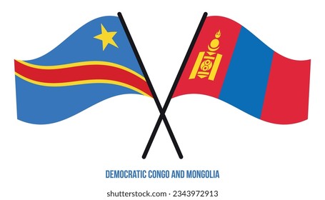 Democratic Congo and Mongolia Flags Crossed  Waving Flat Style. Official Proportion. Correct Colors.