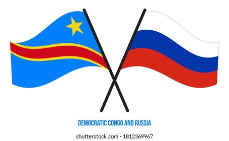 Democratic Congo and Russia Flags Crossed & Waving Flat Style. Official Proportion. Correct Colors.