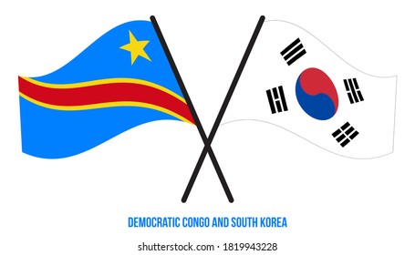 Democratic Congo and South Korea Flags Crossed & Waving Flat Style. Official Proportion. Correct Colors.