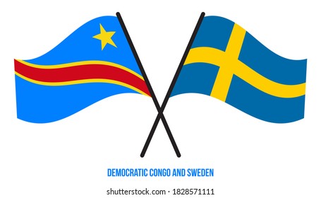 Banderas de Congo Democrático y Suecia Cruzadas y ondeando estilo plano. Proporción oficial. Colores correctos.