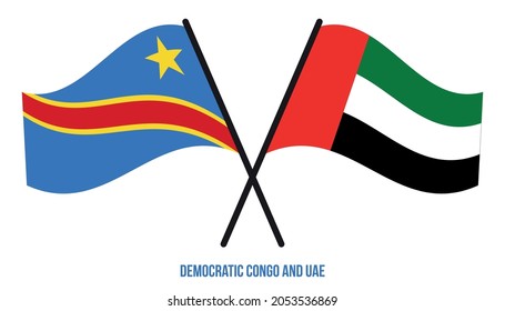 Banderas de Congo Democrático y Emiratos Árabes Unidos cruzaron el estilo de las olas planas. Proporción oficial. Colores correctos.