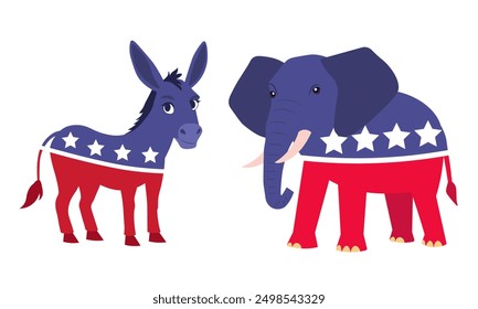 Caricatura republicana del elefante burro demócrata. Ilustración vectorial