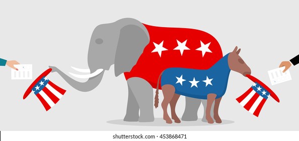 Democratic donkey and republican elephant hold sam hats in which voters put election bulletins