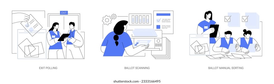 Democratic elections abstract concept vector illustration set. Exit polling, ballot scanning, ballot manual sorting, presidential elections and referendum, political campaign abstract metaphor.