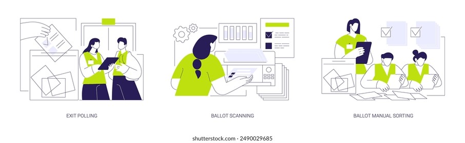 Elecciones democráticas abstracto concepto conjunto de Ilustración vectorial. Encuesta a boca de urna, escaneo de cédulas, clasificación manual de cédulas, elecciones presidenciales y referéndum, metáfora abstracta de campaña política.