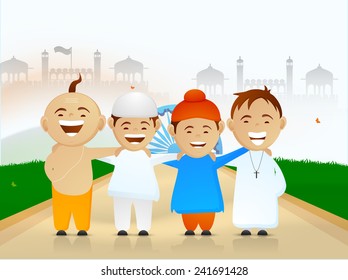 Democratic India, cute little kids of different religion showing Unity in Diversity with Ashoka Wheel on Red Fort silhouette background for Republic Day.