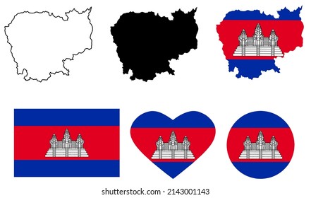 Democratic Kampuchea map flag icon set isolated on white background.Cambodian map flag