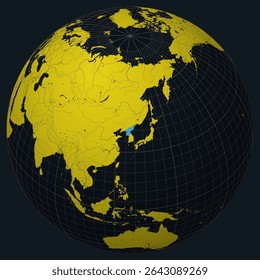 República Popular Democrática da Coreia no Globo. Vista do país no mapa do mundo em Carvão amarelo brilhante paleta de cores. Dem. Rep. Coreia forma no mapa.