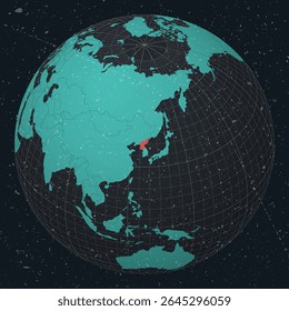 República Popular Democrática da Coreia no Globo. Olhar vintage com textura grunge riscado. Mapa do mundo no mapa da paleta de cores de Turquesa a carvão escuro. Dem. Rep. Coreia forma no mapa.