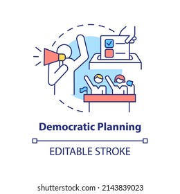 Democratic planning concept icon. Land-use planning scheme abstract idea thin line illustration. Engaging community. Isolated outline drawing. Editable stroke. Arial, Myriad Pro-Bold fonts used