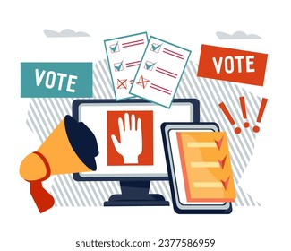 Democratic political online voting and elections, public referendum banner or poster template, flat vector illustration isolated on white background.