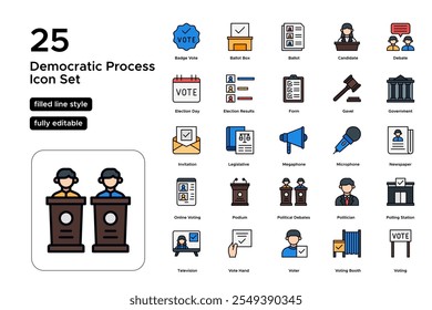Conjunto de iconos de líneas llenas de procesos democráticos: Votación, participación cívica e iconos de compromiso político