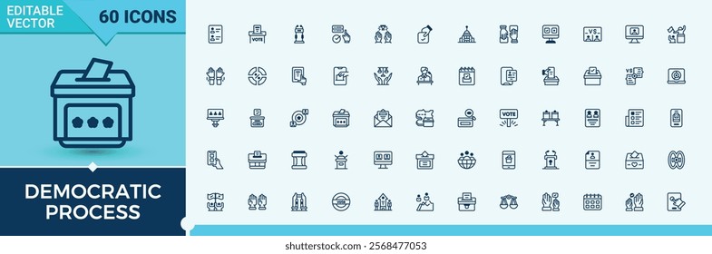 Democratic Process icon set. It contains symbols to equal, democracy, election, choice, politic, referendum and more. Pixel perfect. Editable vector outline and solid icons.