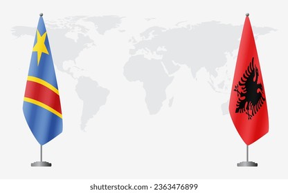 Banderas de la República Democrática del Congo y de Albania para una reunión oficial en el contexto del mapa mundial.