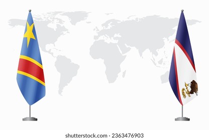 Democratic Republic of Congo and American Samoa flags for official meeting against background of world map.