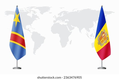 Democratic Republic of Congo and Andorra flags for official meeting against background of world map.