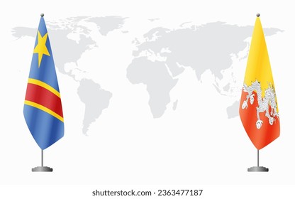 Demokratische Republik Kongo und bhutanische Flaggen für offizielle Treffen auf der Grundlage der Weltkarte.