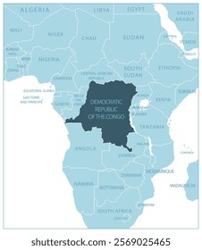 Democratic Republic of the Congo - blue map with neighboring countries and names. Vector illustration