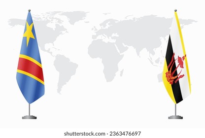 Demokratische Republik Kongo und Brunei Flaggen für offizielle Treffen vor dem Hintergrund der Weltkarte.