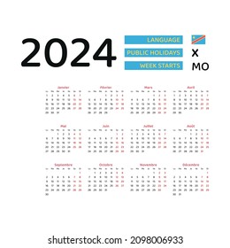 Democratic Republic of the Congo Calendar 2024. Week starts from Monday. Vector graphic design. French language.