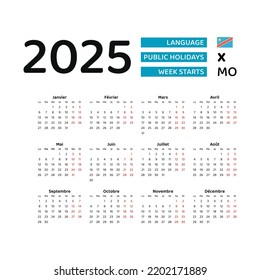 Democratic Republic of the Congo Calendar 2025. Week starts from Monday. Vector graphic design. French language.