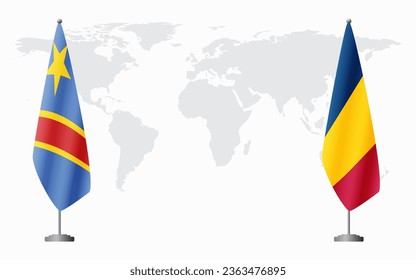Democratic Republic of Congo and Chad flags for official meeting against background of world map.