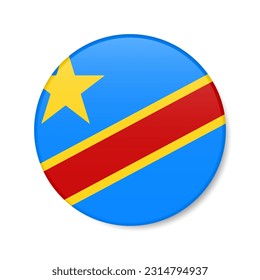 Democratic Republic of the Congo circle button icon. DR Congo round badge flag with shadow. 3D realistic vector illustration isolated on white.