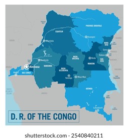 Mapa político do país da República Democrática do Congo. África. Ilustração vetorial detalhada com estados isolados, regiões, ilhas e cidades fáceis de desagrupar. 