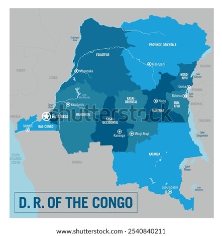 Democratic Republic of the Congo country political map. Africa. Detailed vector illustration with isolated states, regions, islands and cities easy to ungroup. 