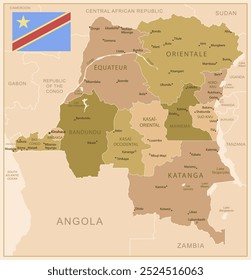 Democratic Republic of the Congo - detailed map of the country in brown colors, divided into regions. Vector illustration