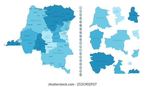 República Democrática do Congo - mapa detalhado do país em cores azuis, dividido em regiões. Ícones infográficos. Ilustração vetorial.