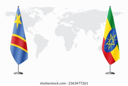 Democratic Republic of Congo and Ethiopia flags for official meeting against background of world map.